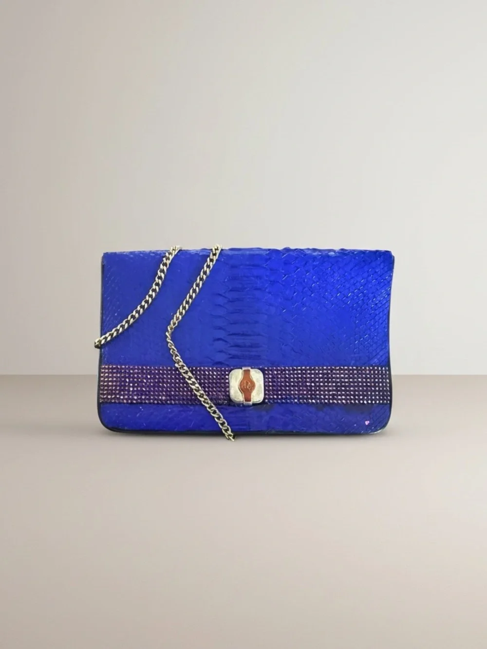 Christian Dior Python Clutch Blue Crystal Accent Chain Crossbody - Picture 2 of 5